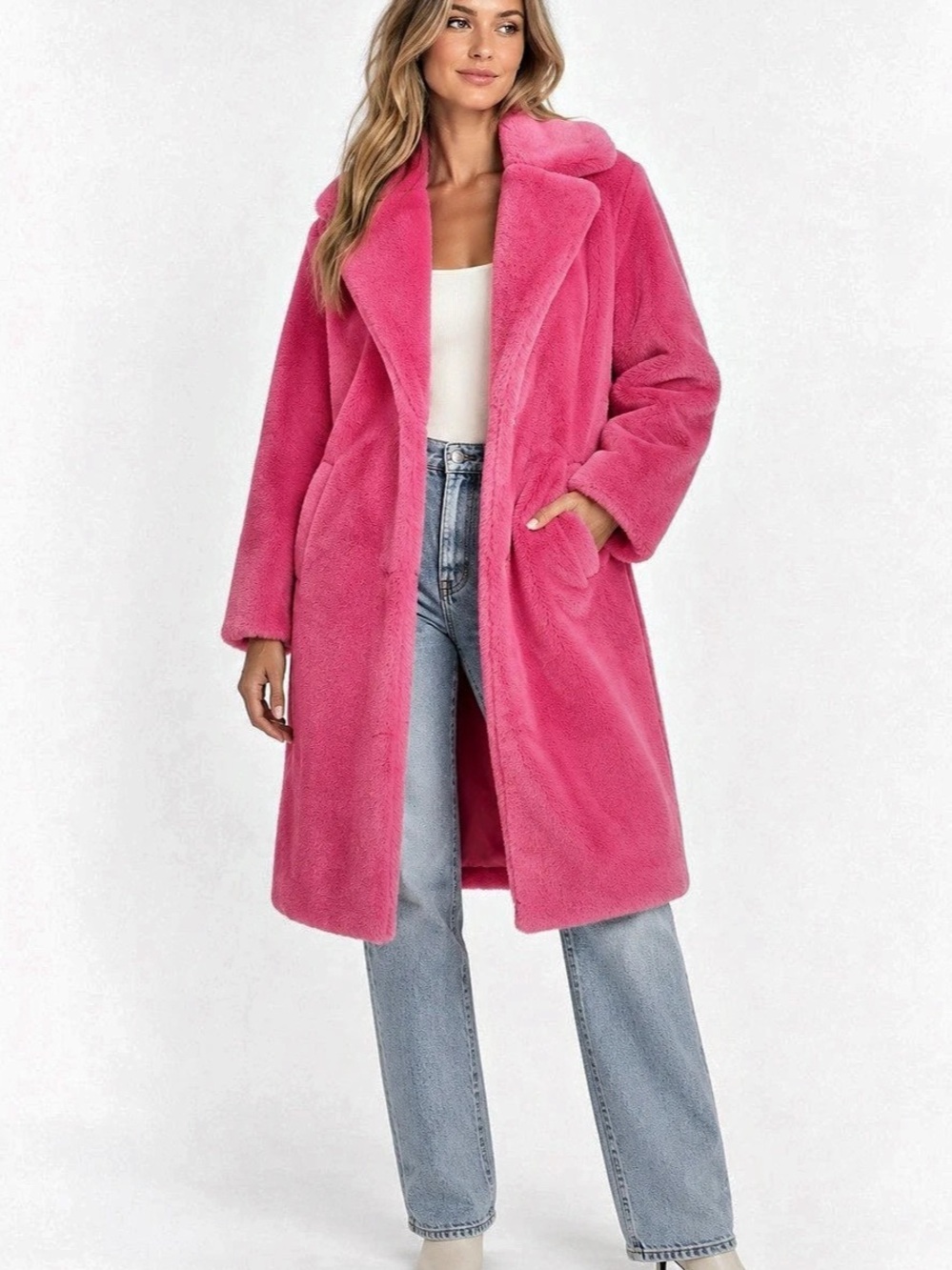 NWT Coalition LA Hot Pink Faux Fur Long Teddy Coat Small